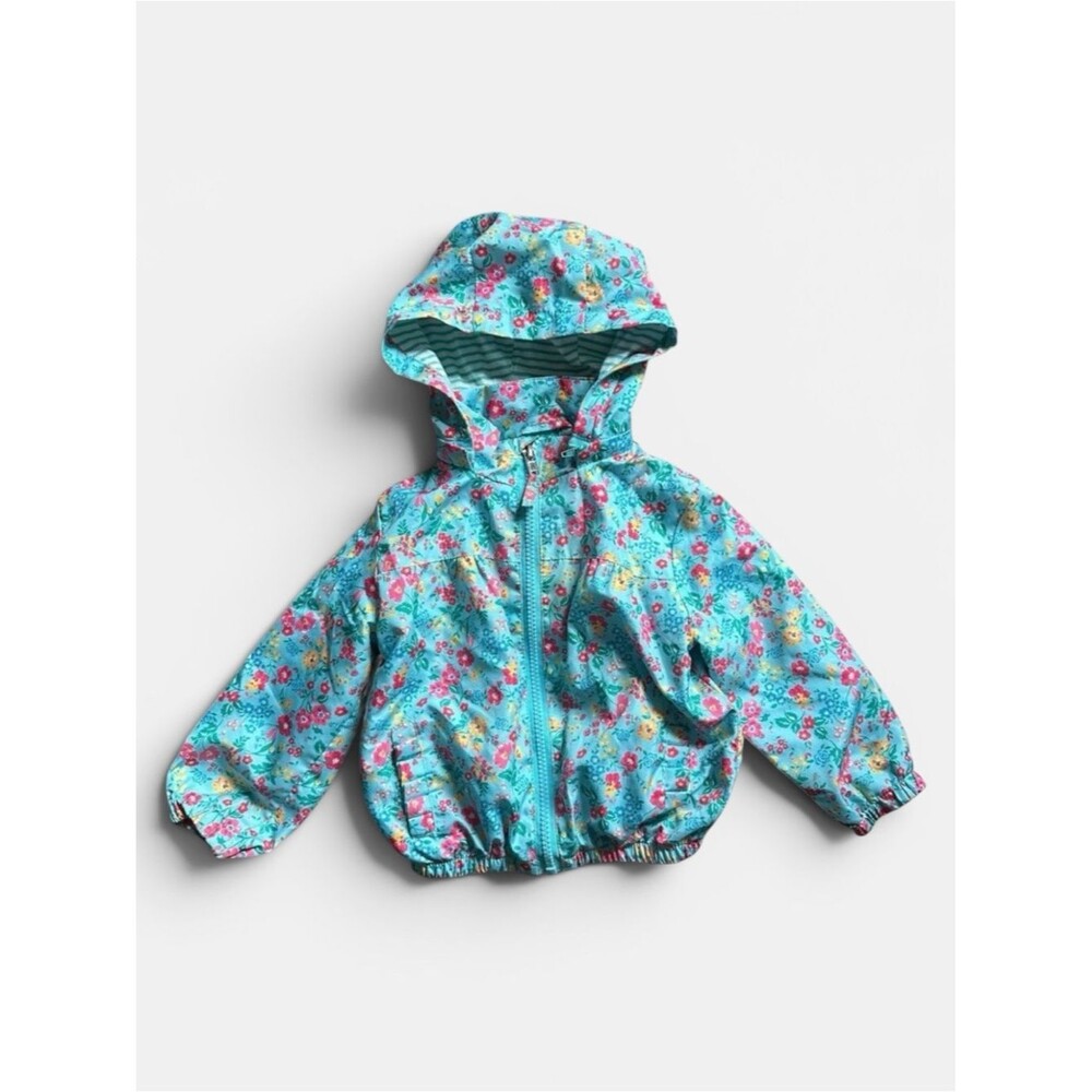 Kari Baby Floral Hooded Rain Jacket Aqua Zip Lightweight Coat Size 86/12-18M